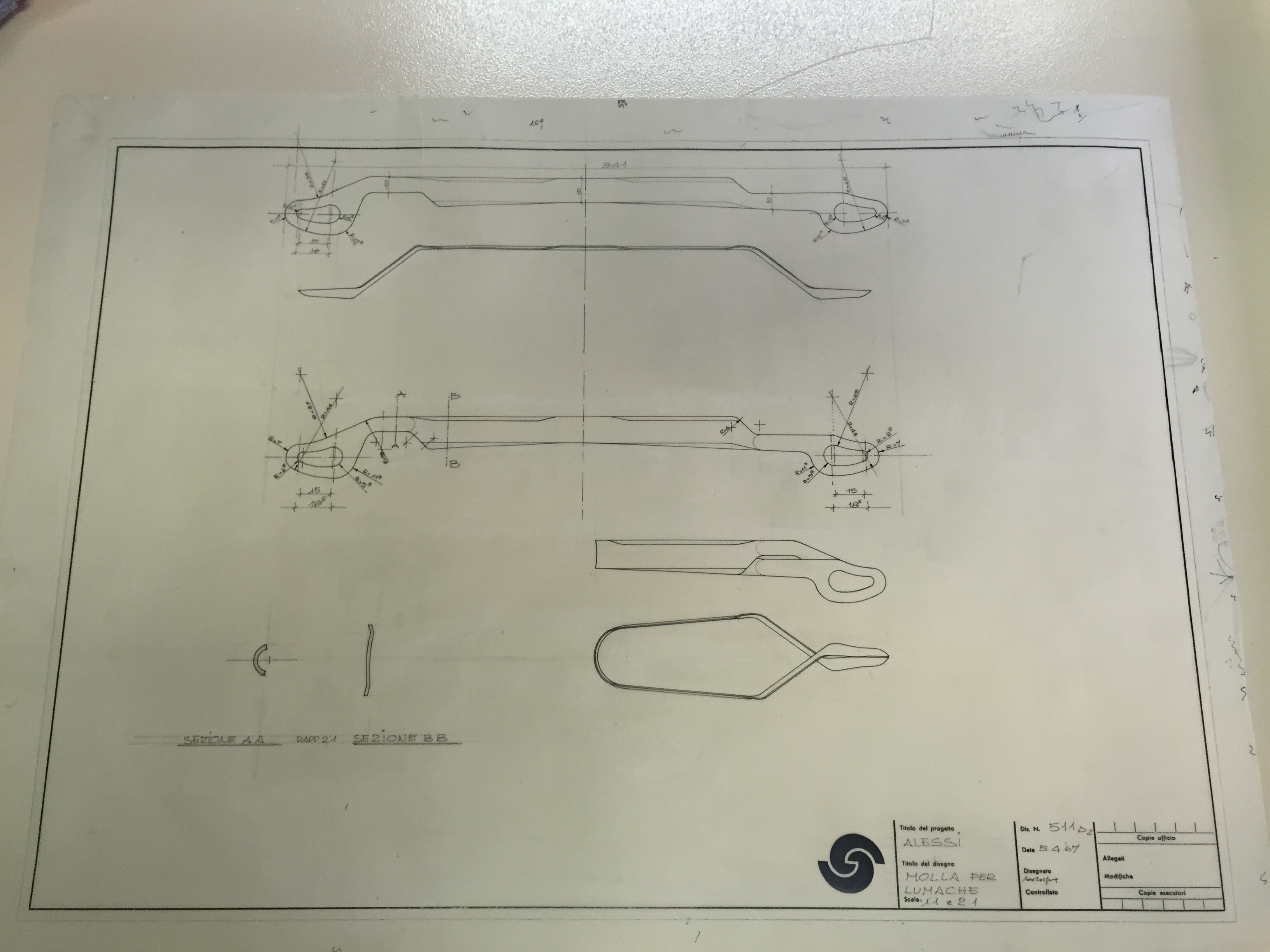 I disegni di Carlo Mazzeri per la progettazione della molla per lumache