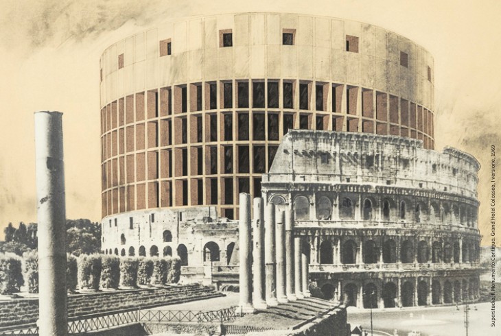 Superstudio, Il Monumento Continuo, Grand Hotel Colosseo 1969, fotomontaggio Courtesy Fondazione MAXXI.