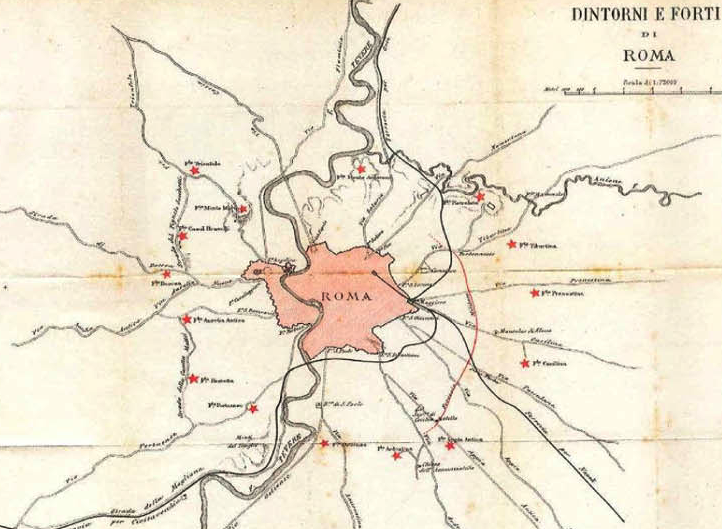 Una vecchia mappa con tutti i forti militari di Roma.