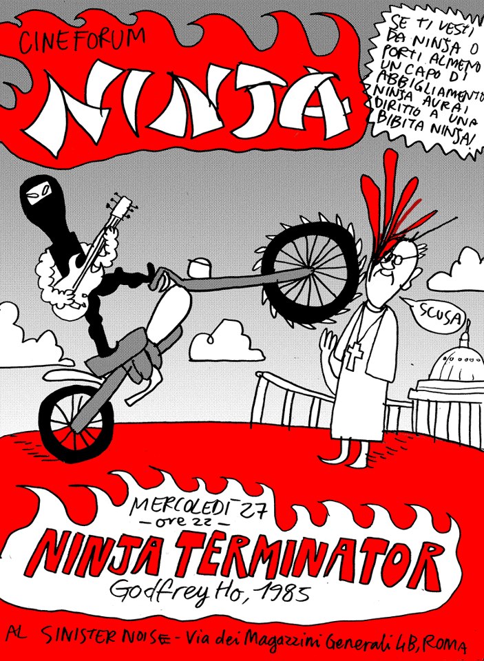La locandina per il "Cineforum Ninja" al Sinister Noise disegnata dal Pira.